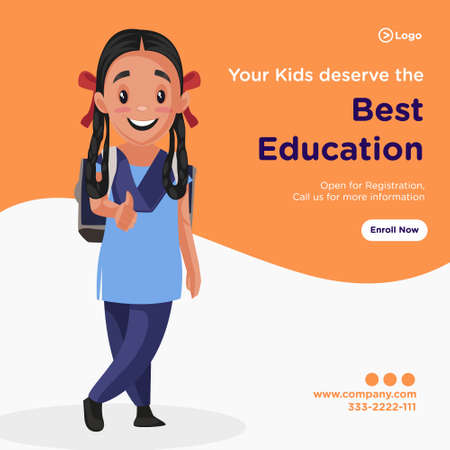 Your kids deserve the best education banner design. School girl is showing thumbs up sign. Vector graphic illustration.のイラスト素材
