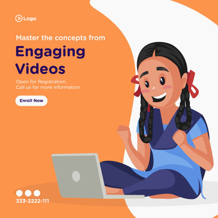 Master the concepts from engaging videos banner design. School girl is playing games on a laptop. Vector graphic illustration.のイラスト素材