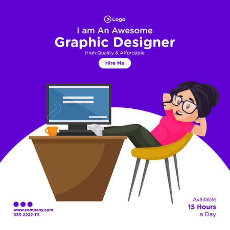 Social media banner design template. Girl graphic designer is sitting in a relaxing mood on a chair. Vector graphic illustration.のイラスト素材