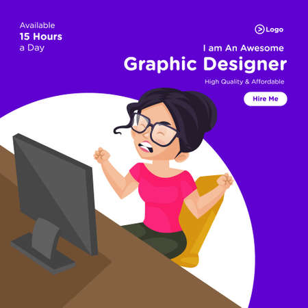 Social media banner design template. Girl graphic designer is sitting in front of a computer and getting angry. Vector graphic illustration.のイラスト素材