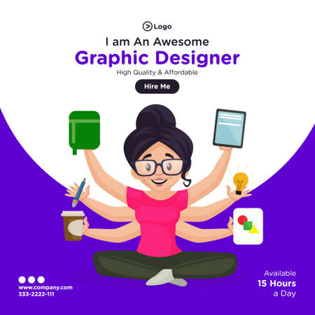 Social media banner design template. Girl graphic designer is with multiple hands and equipment. Vector graphic illustration.のイラスト素材