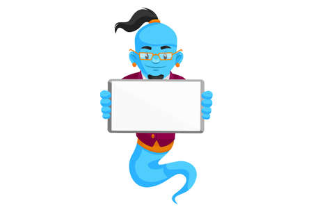 Vector graphic illustration. Smart genie is holding a banner in hand. Individually on a white background.のイラスト素材
