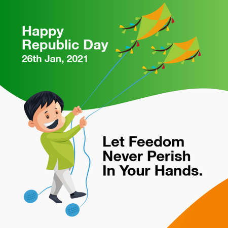 Indian boy flying kites. Happy republic day banner design. Vector cartoon illustration.