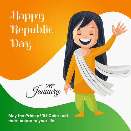 Indian girl is smiling and waving her hand. Happy republic day banner design. Vector cartoon illustration.のイラスト素材