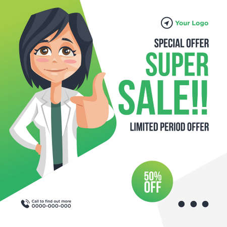 Super sale special offer banner design. Lady doctor is showing thumbs up. Vector graphic illustration.のイラスト素材
