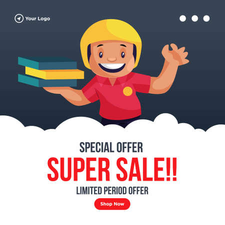 Shop now special offer super sale banner design. Delivery boy is with pizza boxes. Vector graphic illustration.のイラスト素材