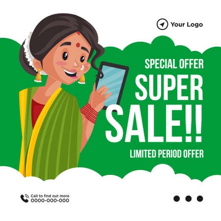 Special offer super sale banner design. Woman is holding a mobile phone. Vector graphic illustration.のイラスト素材