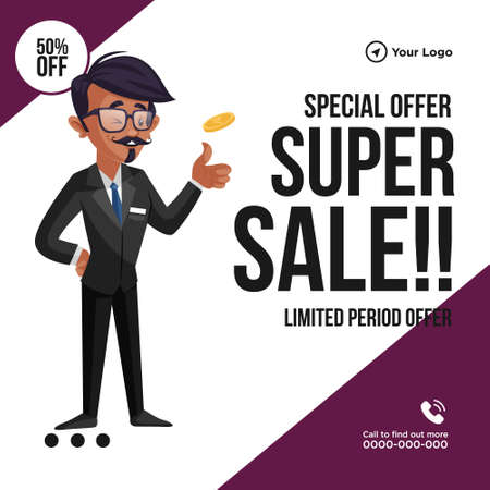 Special offer super sale banner design. Boy is flipping a coin. Vector graphic illustration.のイラスト素材