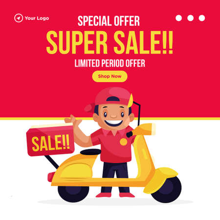 Special offer super sale banner design. Delivery boy is going for delivery. Vector graphic illustration.のイラスト素材