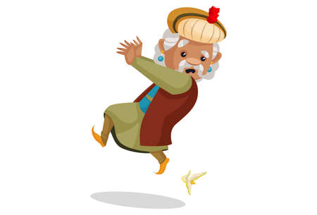 Vector graphic illustration. King Akbar is slipping down from banana peel. Individually on a white background.のイラスト素材