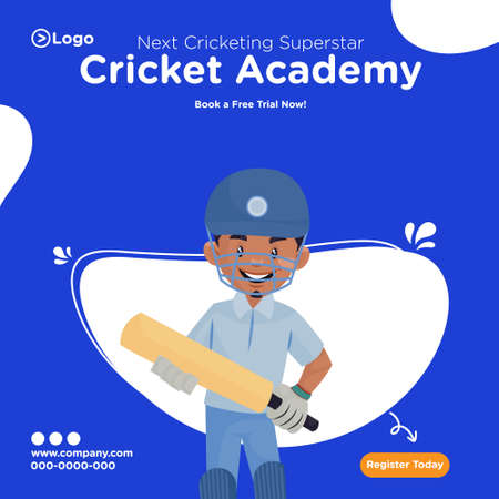 Banner design of cricket academy in cartoon style. Vector graphic illustration.のイラスト素材