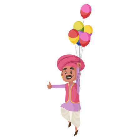 Balloons seller is dancing and holding balloons in one hand. Vector graphic illustration. Individually on white background.のイラスト素材