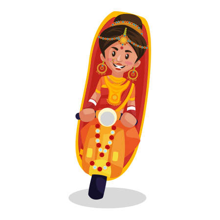 Indian bride is riding his scooter. Vector graphic illustration. Individually on white background.のイラスト素材