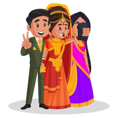 Indian bride is taking selfies with his friends. Vector graphic illustration. Individually on white background.のイラスト素材