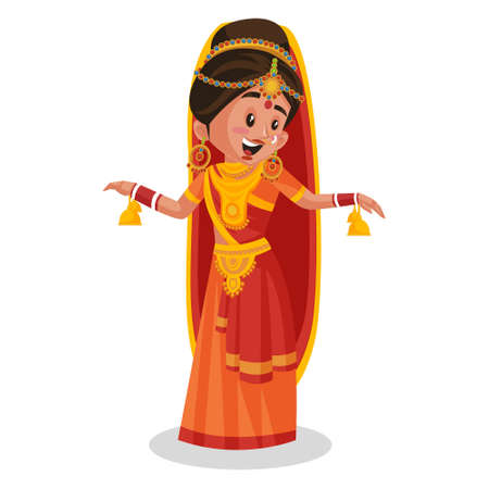 Indian bride is happy and dancing. Vector graphic illustration. Individually on white background.のイラスト素材