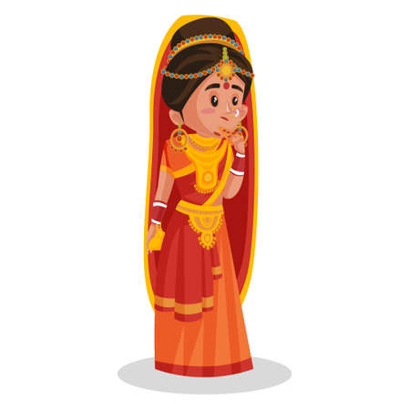 Indian bride is eating food. Vector graphic illustration. Individually on white background.のイラスト素材