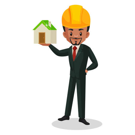 Engineer is holding small home in hand. Vector graphic illustration. Individually on white background.のイラスト素材