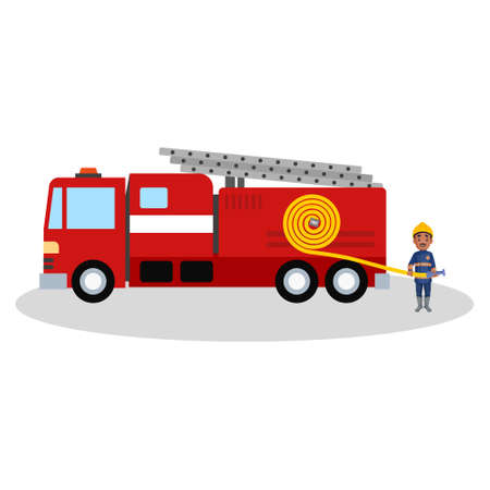 Firefighter man is standing in front of the fire truck holding a water pipe in hand. Vector graphic...