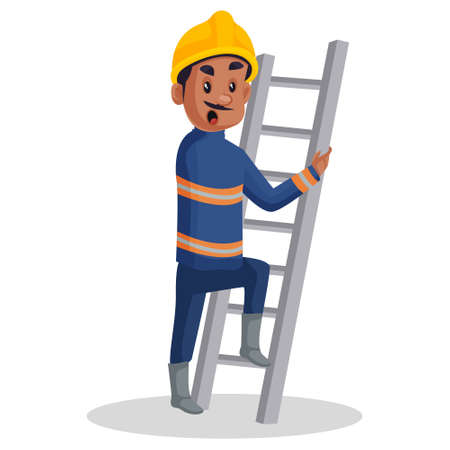 Firefighter man is holding the ladder. Vector graphic illustration. Individually on white background.のイラスト素材