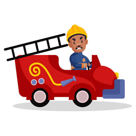 Firefighter man is driving a ladder car. Vector graphic illustration. Individually on white background.のイラスト素材