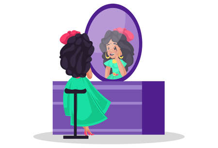 Indian girl model is doing makeup. Vector graphic illustration. Individually on a white background.のイラスト素材