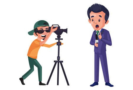 Journalist boy is telecasting live news with his cameraman. Vector graphic illustration....