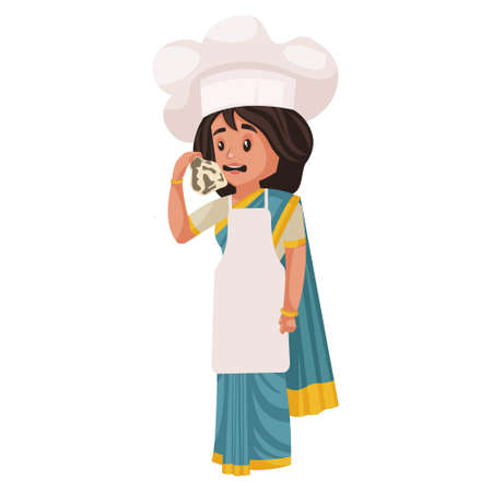 Lady chef is sad and holding burnt bread in hand. Vector graphic illustration. Individually on a white background.のイラスト素材