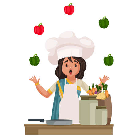 Lady chef is standing in the kitchen. Vector graphic illustration. Individually on a white background.のイラスト素材