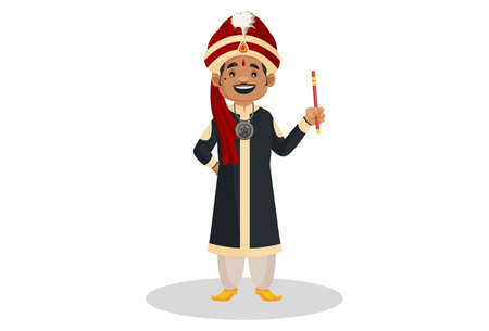 Magician is holding magic stick in hand. Vector graphic illustration. Individually on white background.のイラスト素材