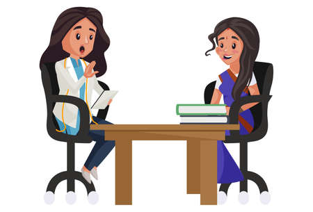 Lady nutritionist is sitting with woman on the chair. Vector graphic illustration. Individually on a white background.のイラスト素材
