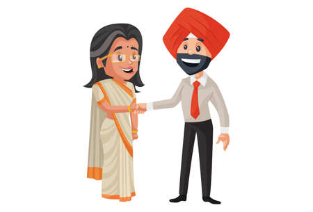 Politician lady is shaking hand to the man. Vector graphic illustration. Individually on a white background.のイラスト素材