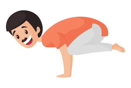 Happy man is doing mayurasana yoga poses. Vector graphic illustration. Individually on a white background.のイラスト素材
