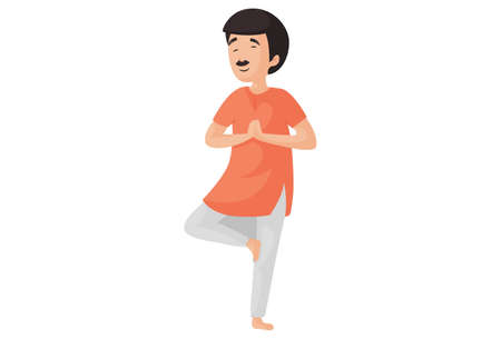 Happy man is doing tree vrksasanayoga poses. Vector graphic illustration. Individually on a white background.のイラスト素材