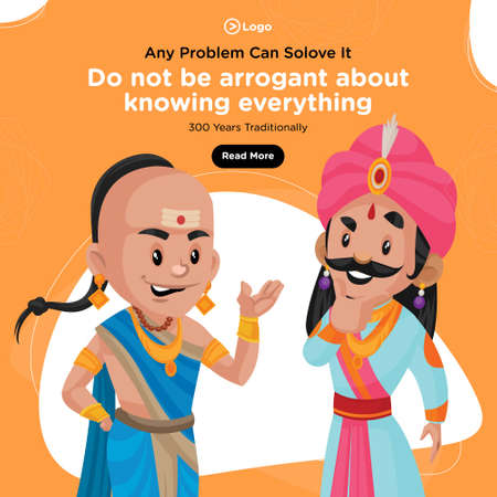 Banner design of any problem he can solve it tenali raman cartoon style template. Vector graphic illustration.のイラスト素材