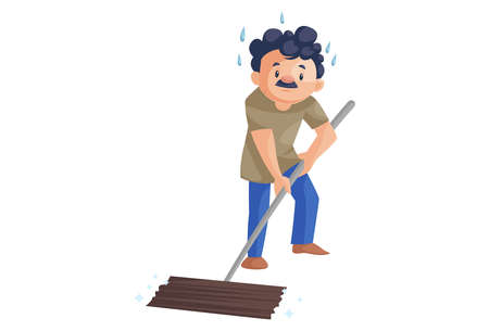 Office boy is holding the wiper and cleaning the floor. Vector graphic illustration. Individually on a white background.のイラスト素材