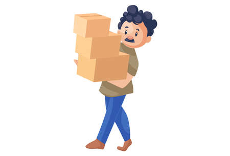 Office peon is holding parcel boxes in hand. Vector graphic illustration. Individually on a white background.のイラスト素材