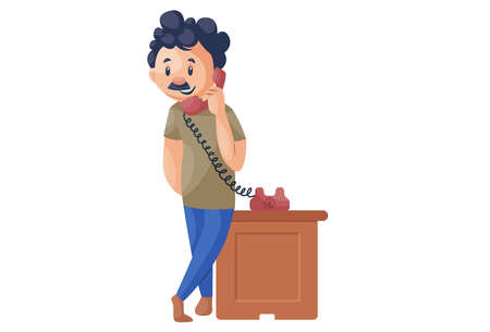 Office boy is talking on the telephone. Vector graphic illustration. Individually on a white background.のイラスト素材