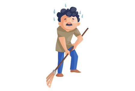 Office boy is sweeping floor with a broom. Vector graphic illustration. Individually on a white background.のイラスト素材