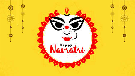 Banner design of Happy Navratri on yellow background. Vector graphic illustration.のイラスト素材