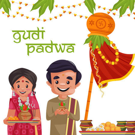 Gudi padwa wishes greeting card traditional festival banner design. Vector graphic illustration.のイラスト素材