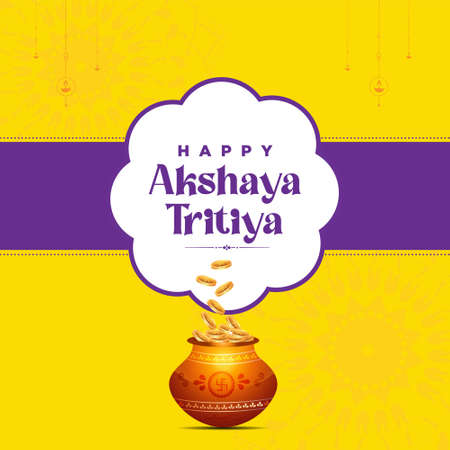 Banner design of akshaya tritiya festival greeting on yellow background. Vector graphic illustration.のイラスト素材