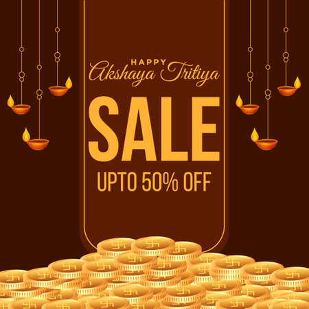 Banner design for happy Akshaya Tritiya, sale template on brown background. Vector graphic illustration.のイラスト素材