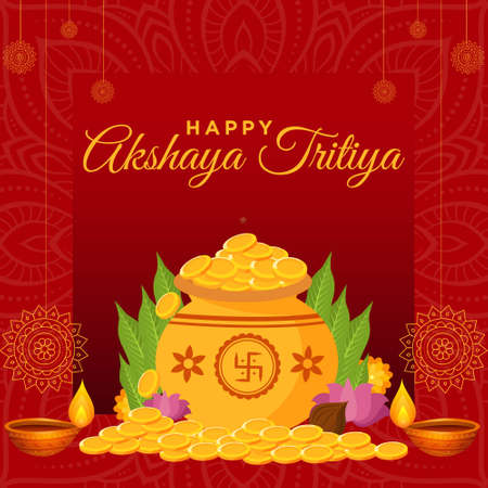 Banner design of happy Akshaya Tritiya festival template on red background. Vector graphic illustration.のイラスト素材
