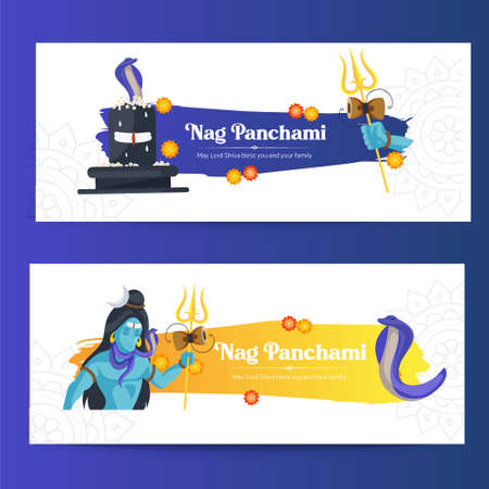 Banner illustration of happy nag Panchami with shivling snake.のイラスト素材