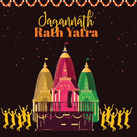 Banner design of Ratha Yatra of Lord Jagannath, Balabhadra and Subhadra on Chariot on black background. Vector graphic illustration.のイラスト素材