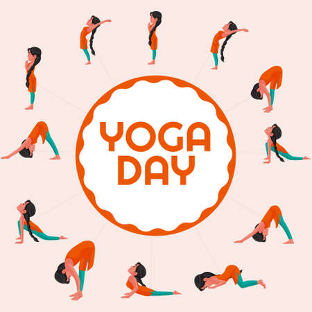 Yoga day banner design template with different yoga poses.のイラスト素材