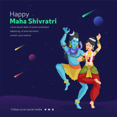 Happy Maha Shivratri banner design template. Lord Shiva is dancing with goddess Parvati. Vector graphic illustration.のイラスト素材