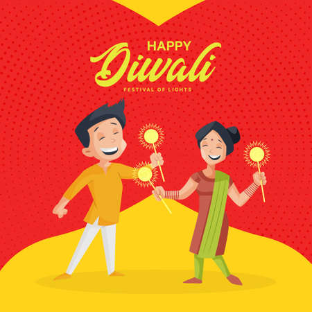 Banner design of children celebrating Diwali with sparklers.のイラスト素材
