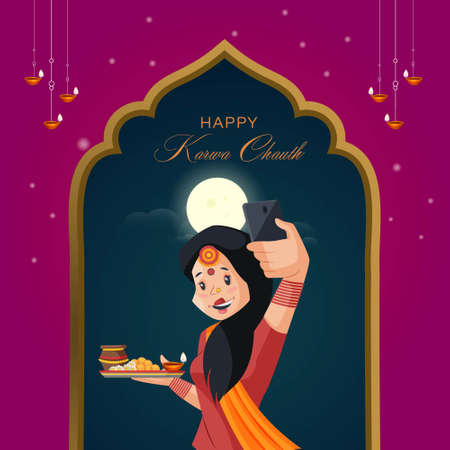 Banner design of happy karwa chauth cartoon style illustration.のイラスト素材