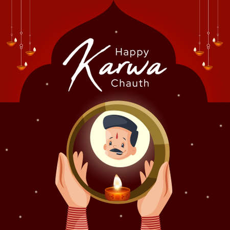 Banner design of happy karwa chauth cartoon style illustration.のイラスト素材